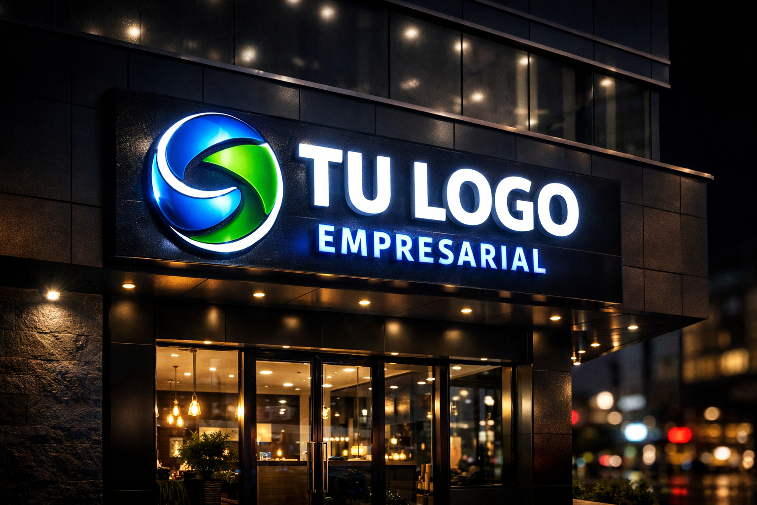 Letrero LED corporativo en fachada comercial nocturna